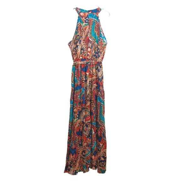 CUPSHE Boho Print Maxi Dress Women’s M Halter Top Belted Tropical Exotic Aztec - Picture 1 of 5